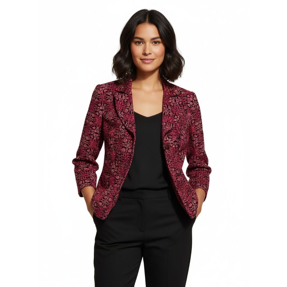 Talbots Pink Patterned Cotton Blazer - Embroidered & Hook Closure